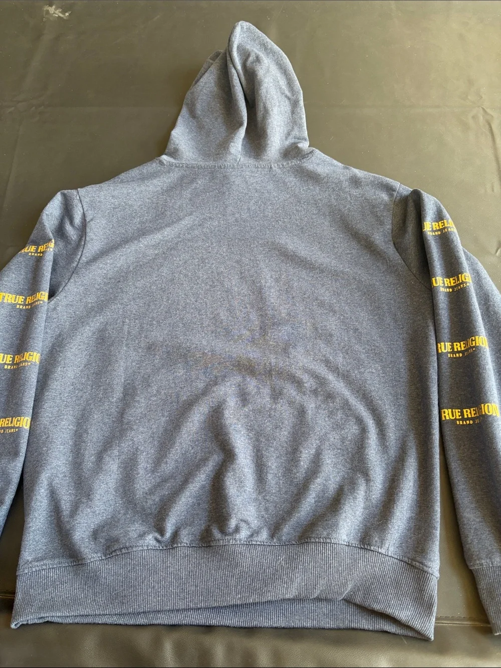 True Religion Buddha Graphic Pullover Hoodie Navy Blue Gold Logo Sleeve Large
